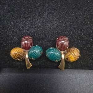 WRE 12K Gold Filled Scarab Screw Back Earrings Gemstone Egyptian Revival